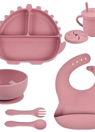 Набор посуды y19 трехсекционная тарелка динозавр,поильник,ложка вилка,слюнявчик розовый v-11219
