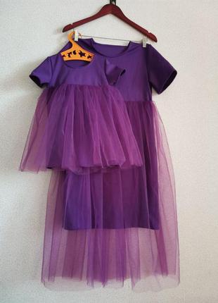 Комплект парных платьев мама дочка с фатином