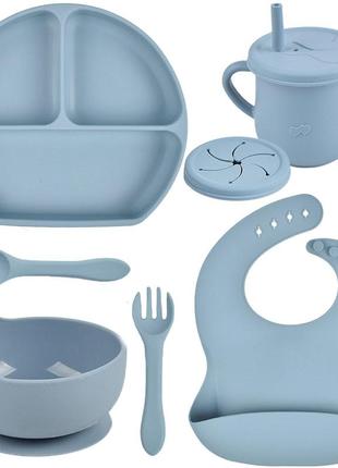 Набір силіконового посуду y21 трьох-секційна тарілка, поїльник, ложка виделка, слюнявчик блакитний