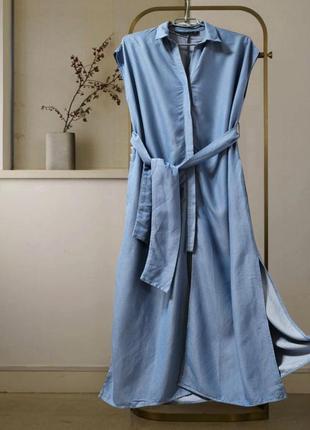 Платье-рубашка голубое миди на пуговицах под джинс zara4 фото