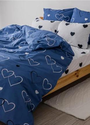 Белая с синим сердечки натуральная хлопковая ранфорс постель полуторная/двухспальная/евро/семейная1 фото