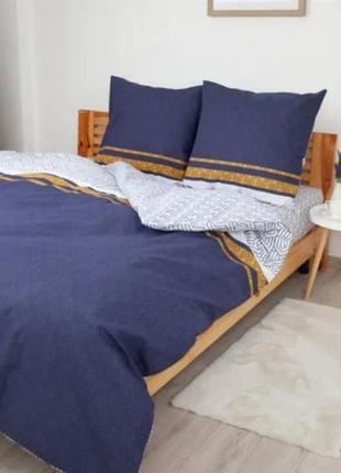 Белая с синим натуральная ранфорс постель полуторная/двухспальная/евро/семейная теп