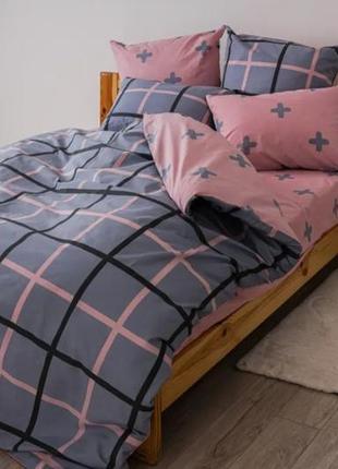 Сіра з рожевим натуральна ранфорс постіль полуторна/двухспальна/євро/сімейна теп