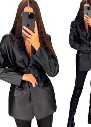 Женский пиджак под кожу утепленный модный жакет эко кожа на флисе молодежный стильный 69063