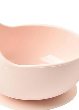 Силиконовая круглая глубокая тарелка y4 для первых блюд на присоске и ложечка розовый(n-10151)