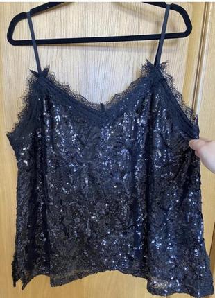 Эффектная чёрная удлинённая блуза без рукавов вся в пайетки с кружевом майечка 54 р6 фото