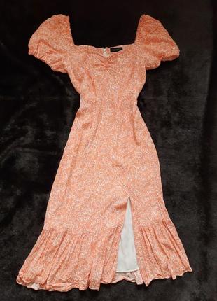 Цветочное платье миди с разрезом и объемным рукавом!5 фото