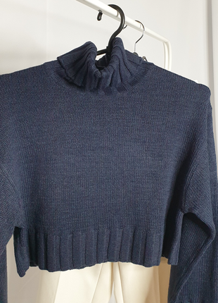 Сине-серый укороченный свитер с объемным рукавами7 фото