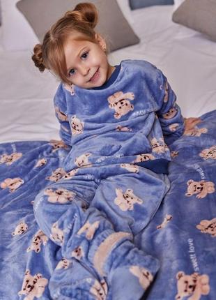 Теплая детская плюшевая пижама для мальчика девочки махровая с принтом мишка унисекс подростковая
