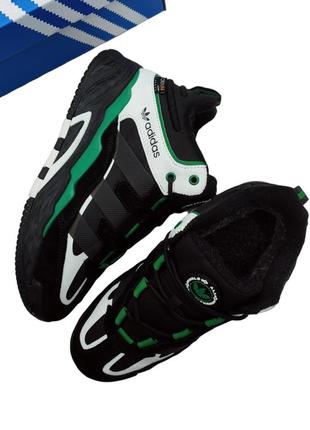 Зимові кросівки adidas niteball black green (хутро)❄️6 фото