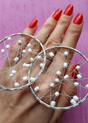 Большие серьги кольца ручная работа серёжки нежные бисер серебрянные под серебро3 фото