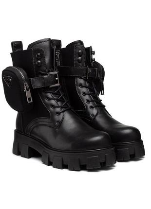 Ботинки женские кожаные черные на шнуровке на тракторной подошве на квадратном каблуке 1496б
