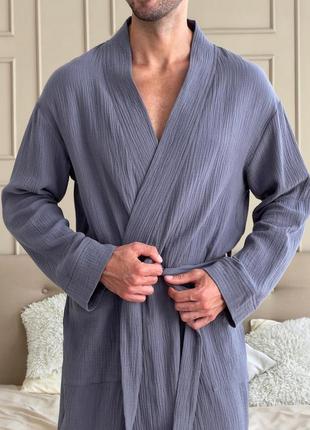 Чоловічий мусліновий халат estet, темно-сірий5 фото