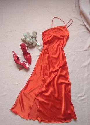 Платье р 34-36 xs s, 42 44, zara, новое, меди, с разрезом на ножке, шелковое1 фото