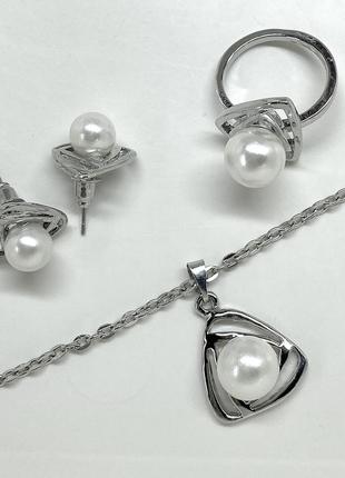 Новий набір біжутерія в сріблі біла перлина сережки пусети каблучка ланцюжок підвіска