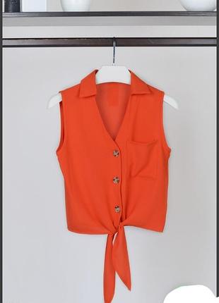 Стилтная коралова блузка сорочка на зав'язках без рукава
