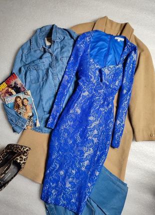 Glamorous платье синее по фигуре карандаш футляр миди с длинным рукавом с вырезом