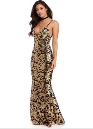 Шикарное длинное вечернее платье чёрное/золотистое свечірня сукня открытой спиной ,44-46 р