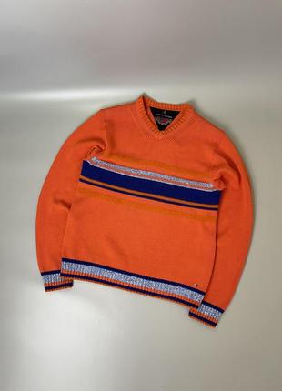 Оранжевый плотный свитер tommy hilfiger с полоской, оригинал, томми халфигер, винтаж, теплый, оранжевый, в полоску, кофта, толстовка, пуловер