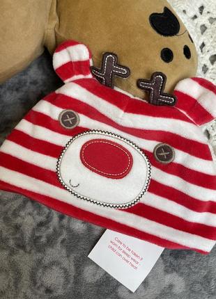 Різдвяна новорічна подвійна шапочка tu 0-3 56-62 велюр бавовна олень в смужку санти біла червона шапка на новонароджених фамілії лук family look3 фото