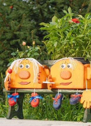 Двойное деревянное кашпо для садового декора парочка ( кашпо для террас )