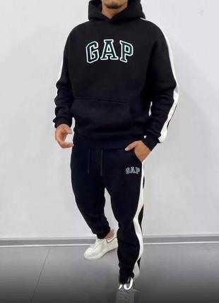 Теплый спортивный костюм gap на флисе с лампасами. ,m,l,xl,xxl,3xl (двойные размеры) черный, графит, изумрудный