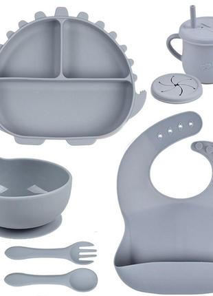Набір посуду y18 трьохсекційна тарілка динозавтр,поїльник,ложка виделка, слюнявчик сірий v-11218