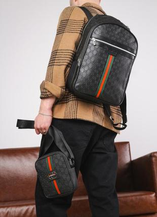 Комплект рюкзак gucci кожаный+мессенджер черный мужской2 фото