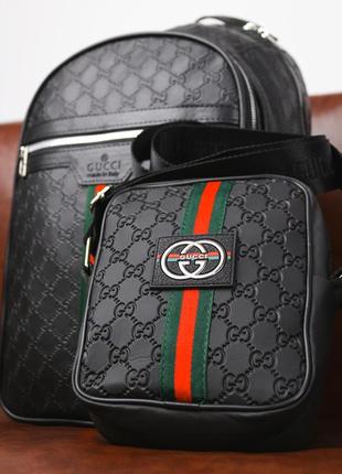 Комплект рюкзак gucci кожаный+мессенджер черный мужской5 фото