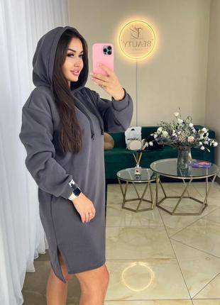 Спортивное мини платье туника худи на флисе с капюшоном