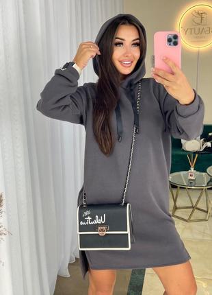 Спортивное мини платье туника худи на флисе с капюшоном