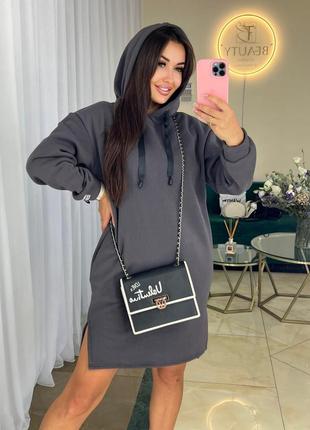 Спортивное мини платье туника худи на флисе с капюшоном