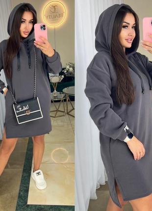 Спортивное мини платье туника худи на флисе с капюшоном
