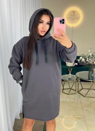 Спортивное мини платье туника худи на флисе с капюшоном