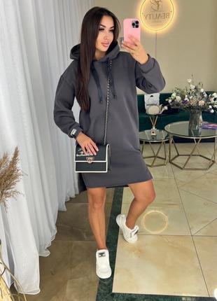 Спортивное мини платье туника худи на флисе с капюшоном