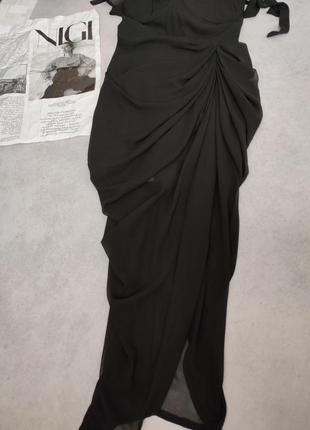 Черное женское вечернее сатиновое платье миди на завязках с драпировкой8 фото
