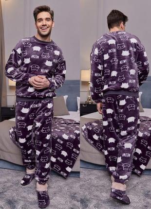 Есть наложка💙 unisex мужская пижама+ тапочки турецкая двусторонняя махра с принтом🤗6 фото