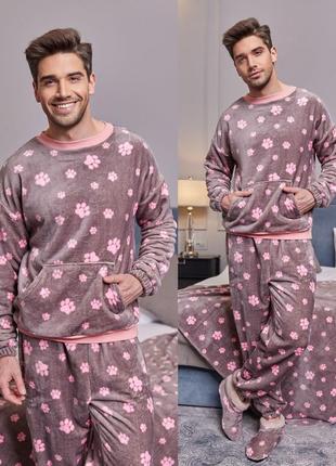 Есть наложка💙 unisex мужская пижама+ тапочки турецкая двусторонняя махра с принтом🤗3 фото
