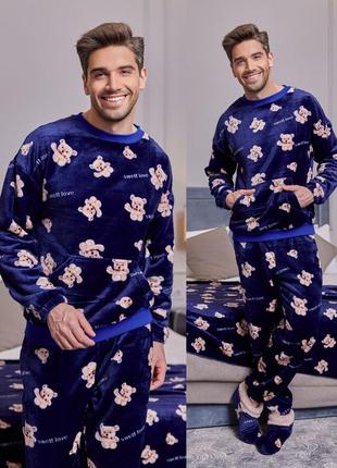 Есть наложка💙 unisex мужская пижама+ тапочки турецкая двусторонняя махра с принтом🤗5 фото