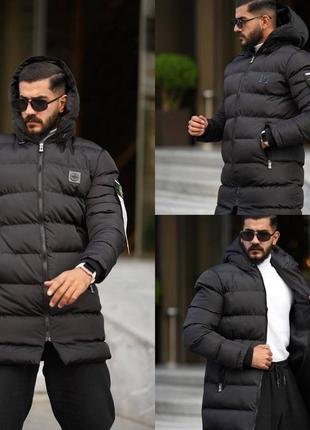 Мужская удлиненная зимняя куртка stone island черная