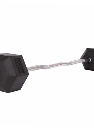 Штанга фіксована вигнута погумована rubber hexagon barbell ta-6231 50 кг чорний (58363128)1 фото