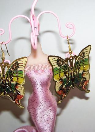Серьги-бабочки под золото с чеканкой и цветной глазурью2 фото