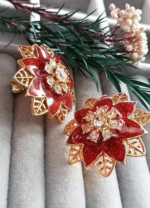 Avon винтаж клипсы, цветы, пуансетия, эмаль, праздничные, эффектные, бренд, винтаж
