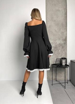 Невероятное платье с кружевом с рукавами фонариками приталенное из декольте миди юбка свободного кроя модная трендовая8 фото
