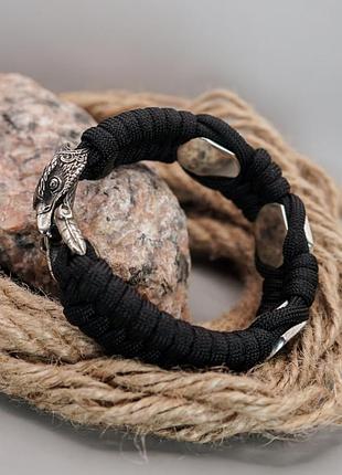 Браслет из паракорда fishtail со скандинавскими бусинами на застежке птица, в подарок брелок