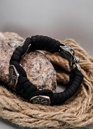 Браслет из паракорда fishtail со скандинавскими бусинами на застежке птица, в подарок брелок