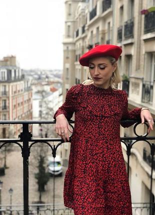 Вискозное красное платье мини в леопардовый принт с длинным рукавом и оборками zara h&m🔥1 фото
