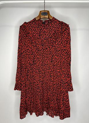 Вискозное красное платье мини в леопардовый принт с длинным рукавом и оборками zara h&m🔥5 фото