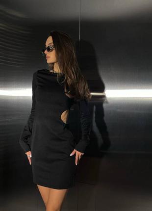 Короткое платье с длинными рукавами приталенное с вырезами на талии и цепями стильная трендовая черная вечерняя платье мини2 фото