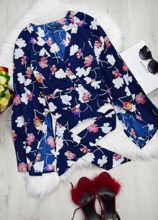 Укороченная блуза кимоно синяя цветочная кроп топ рукав клеш1 фото